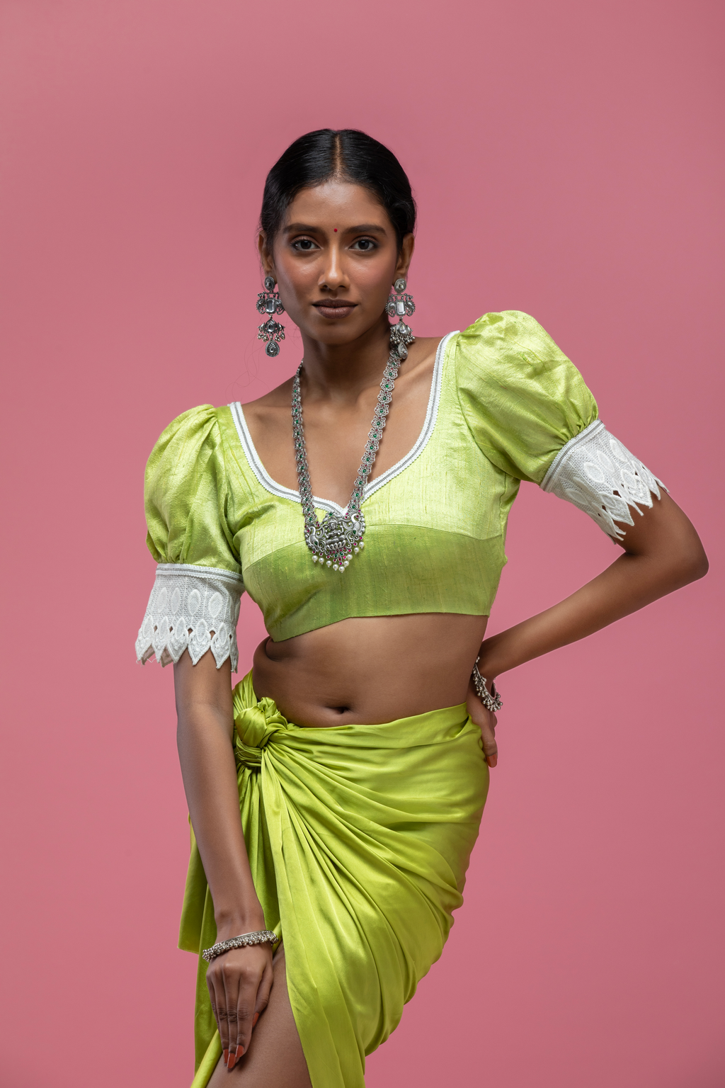 Green Puff Sleeve Saree Blouse with Deep Back