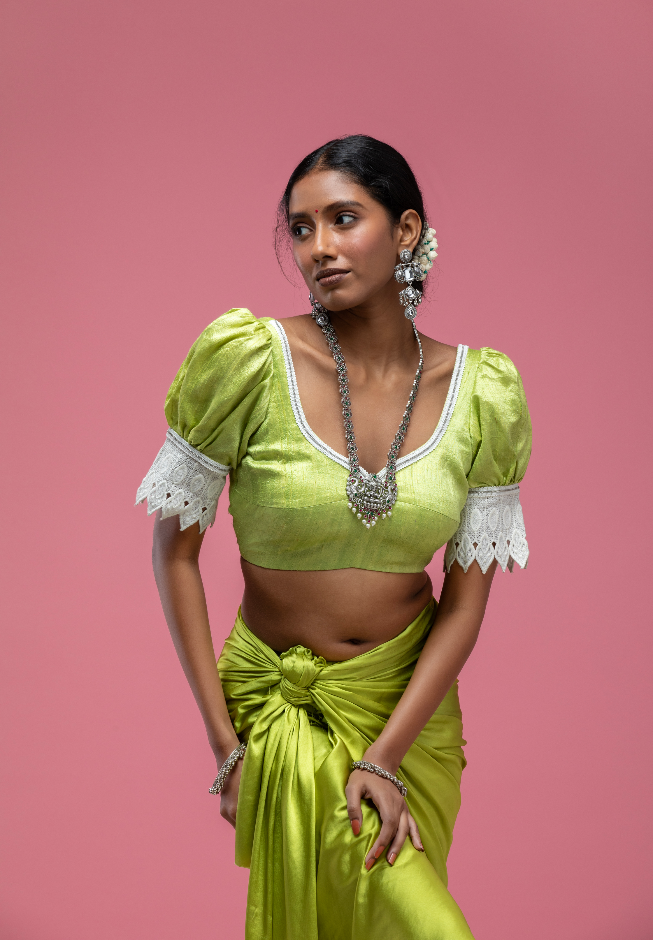 Green Puff Sleeve Saree Blouse with Deep Back