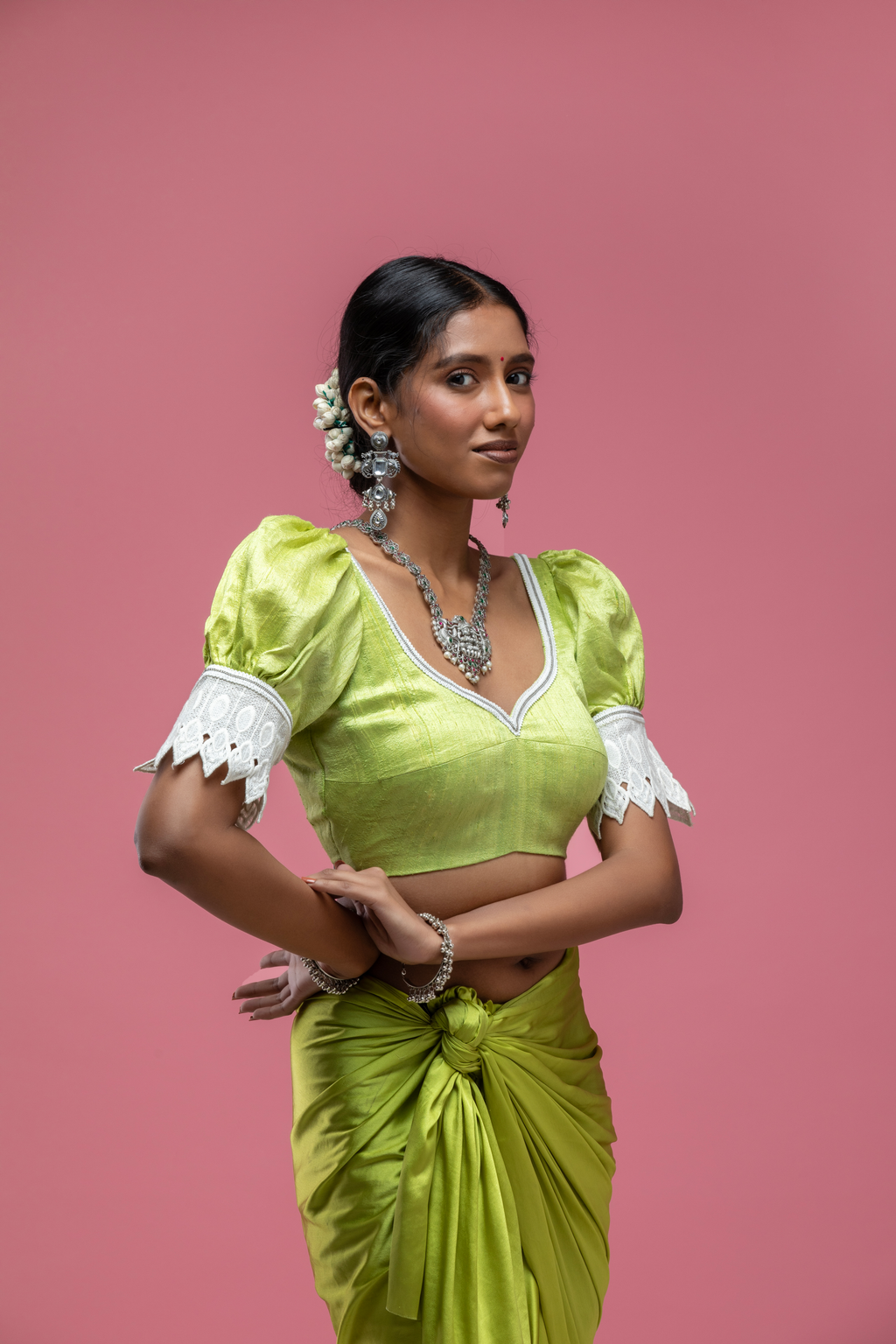 Green Puff Sleeve Saree Blouse with Deep Back