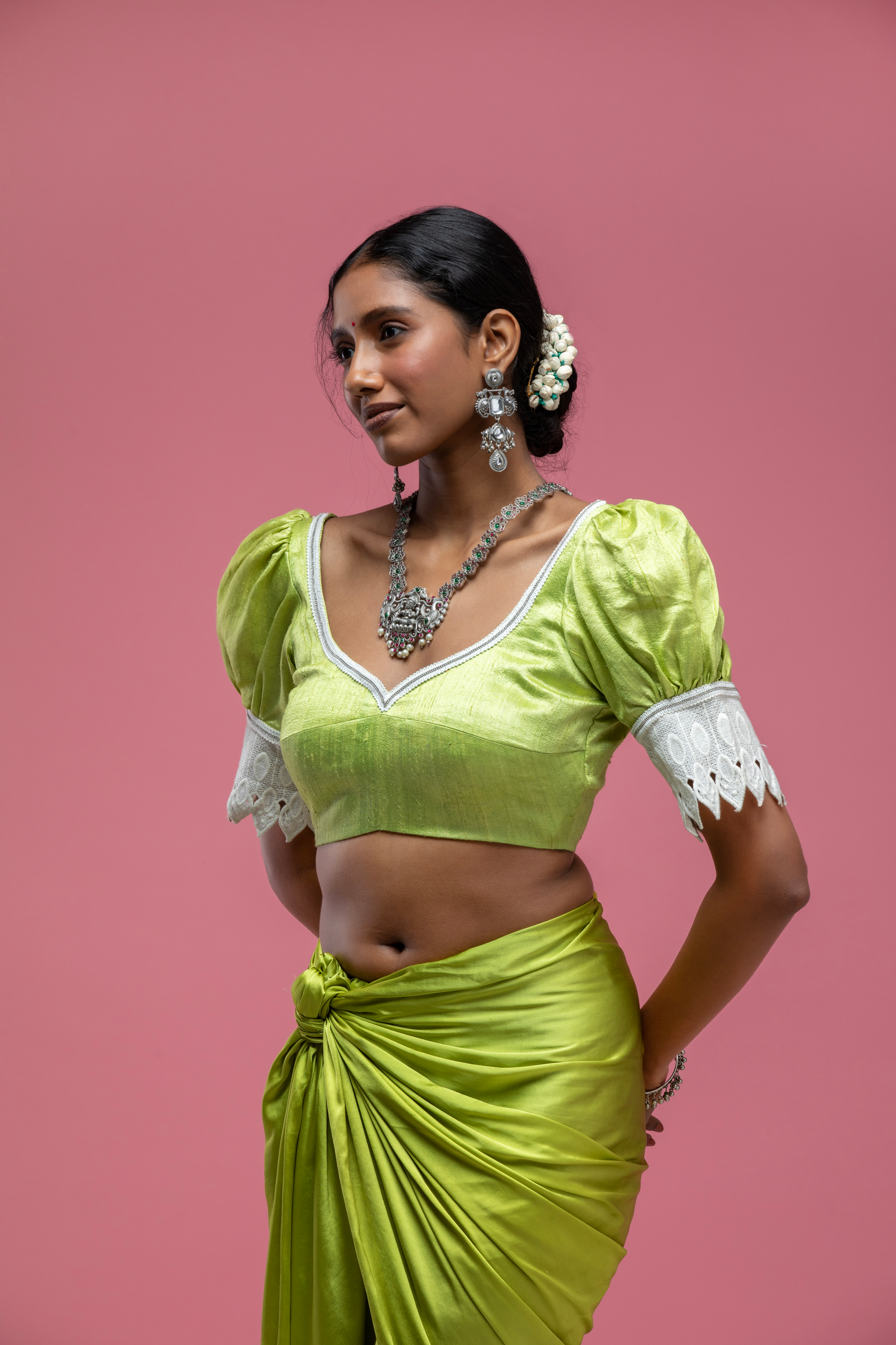 Green Puff Sleeve Saree Blouse with Deep Back