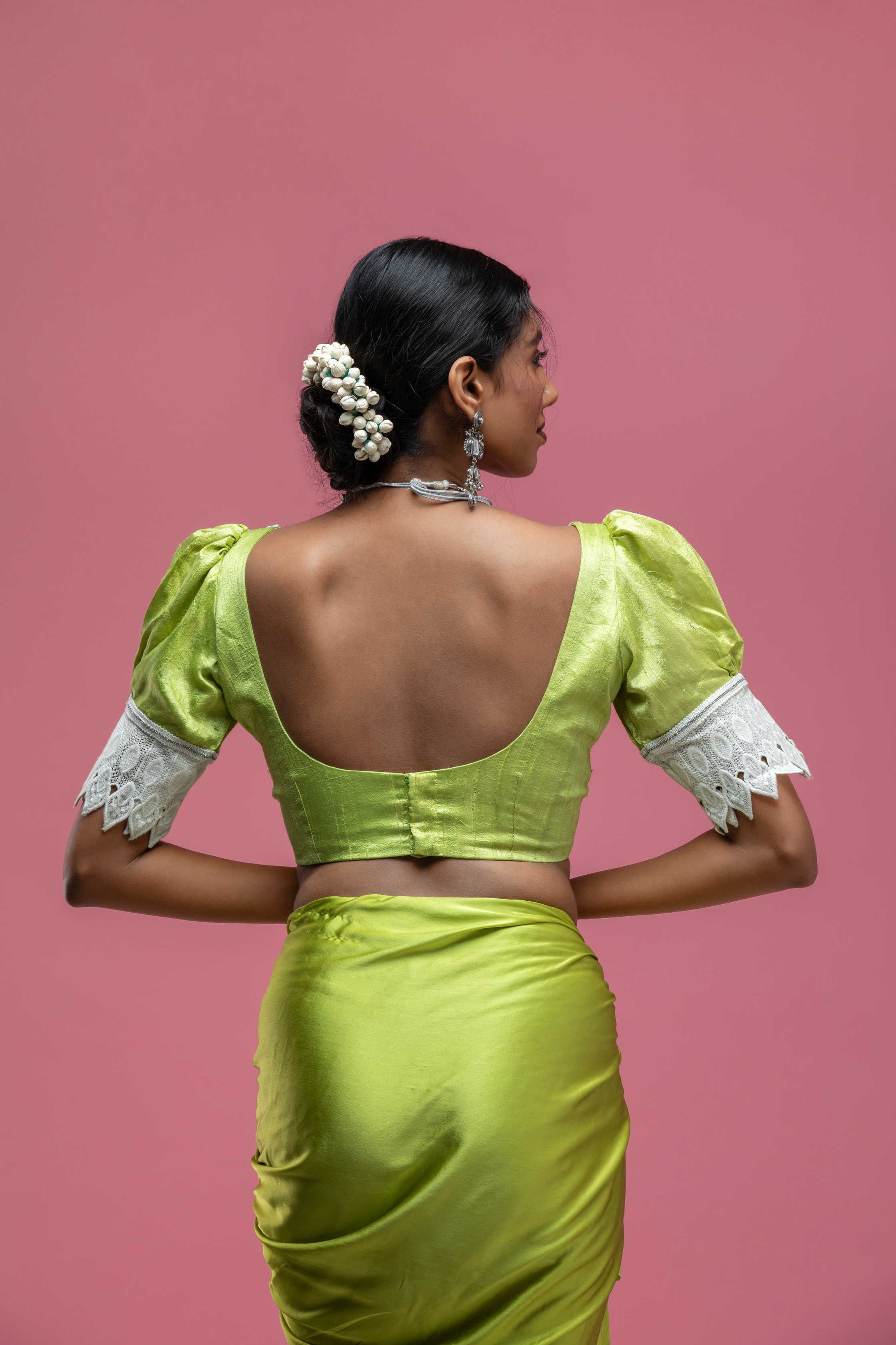 Green Puff Sleeve Saree Blouse with Deep Back