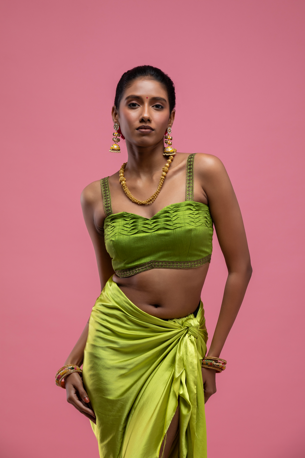 Green Strap Blouse with Pleated Texture