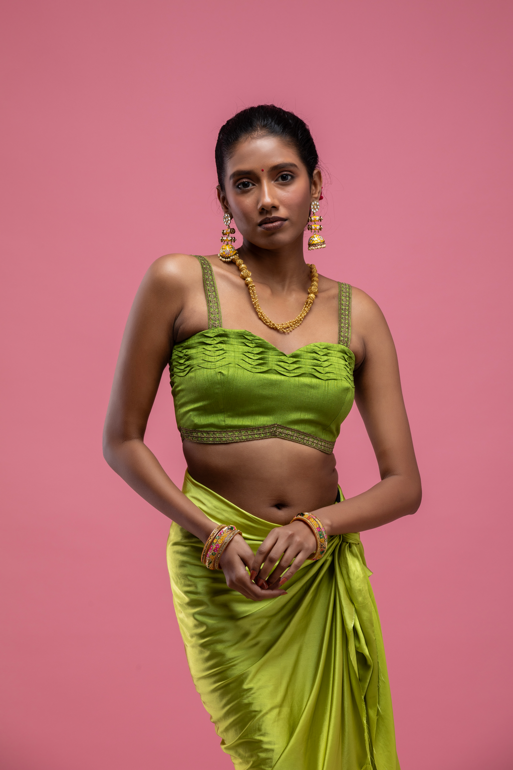 Green Strap Blouse with Pleated Texture