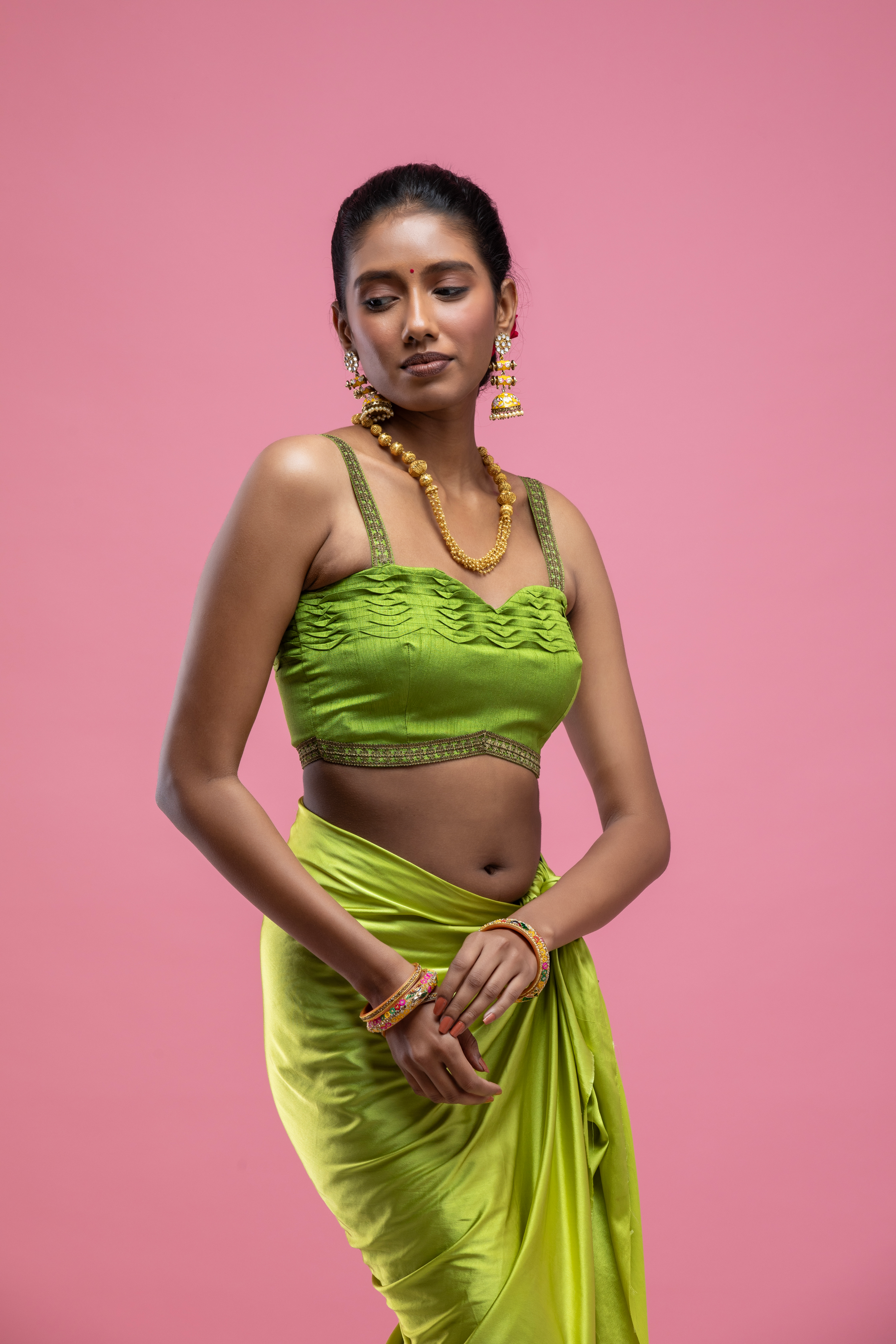 Green Strap Blouse with Pleated Texture