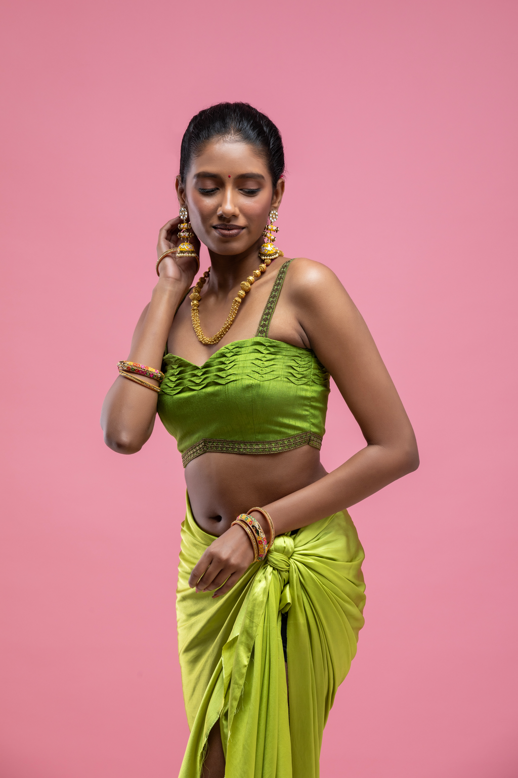 Green Strap Blouse with Pleated Texture