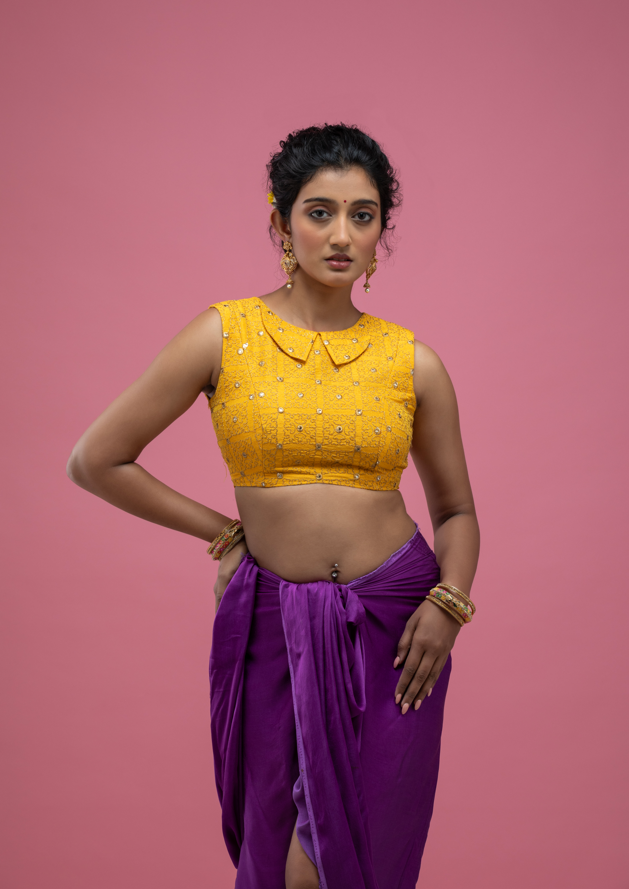 Yellow Sleeveless Saree Blouse with Embellished Texture