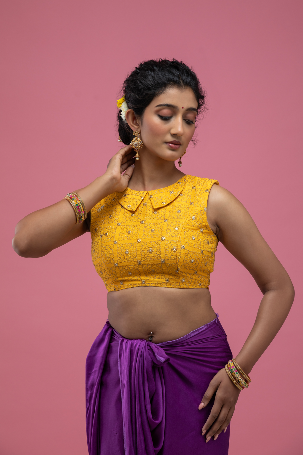 Yellow Sleeveless Saree Blouse with Embellished Texture