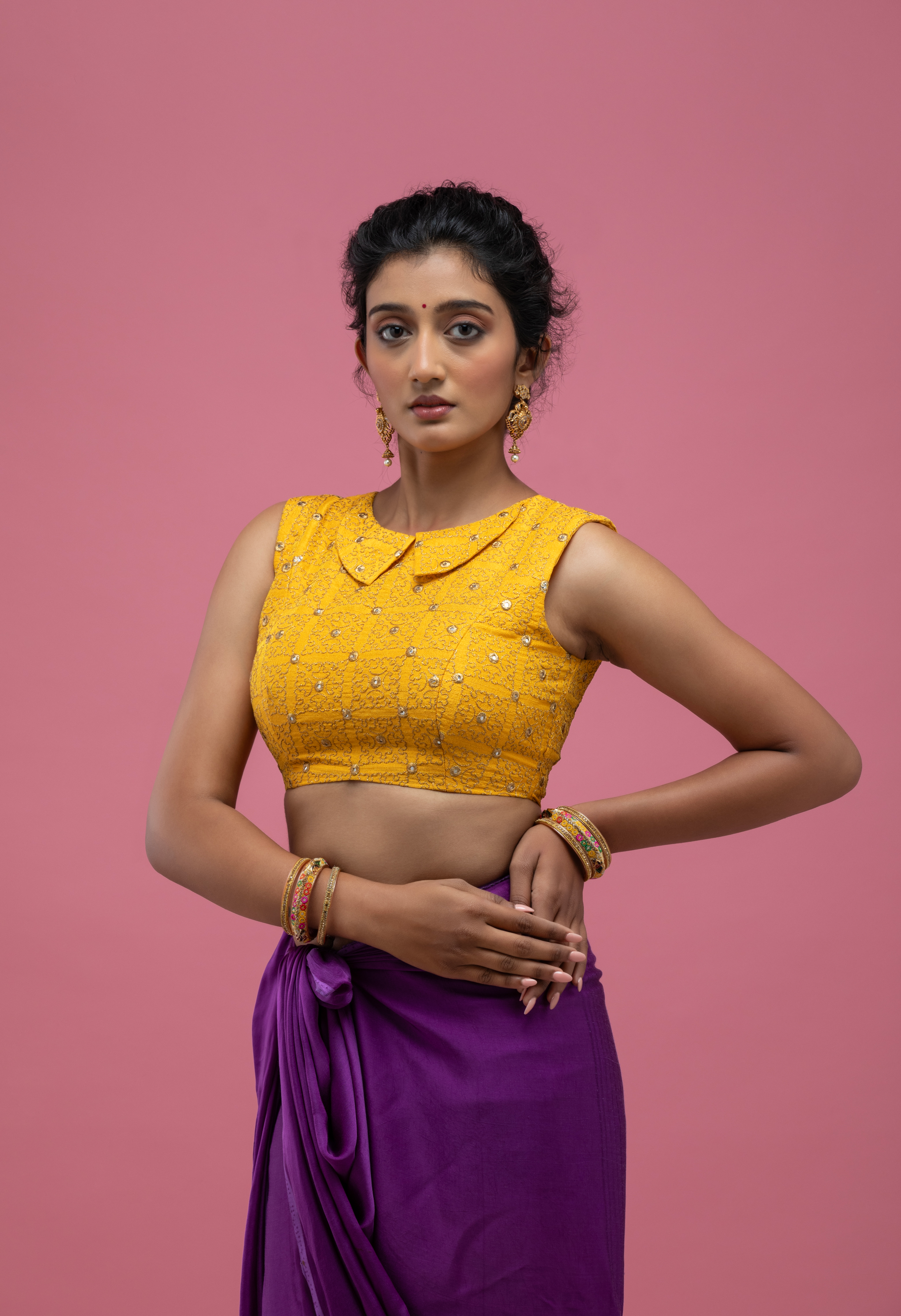 Yellow Sleeveless Saree Blouse with Embellished Texture