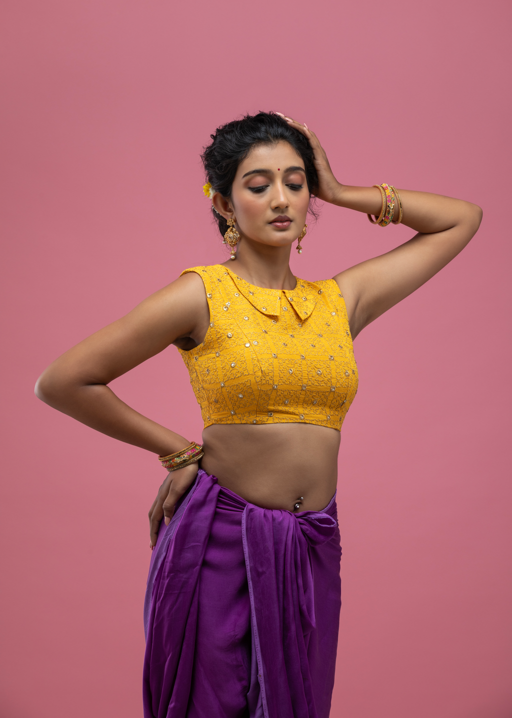 Yellow Sleeveless Saree Blouse with Embellished Texture