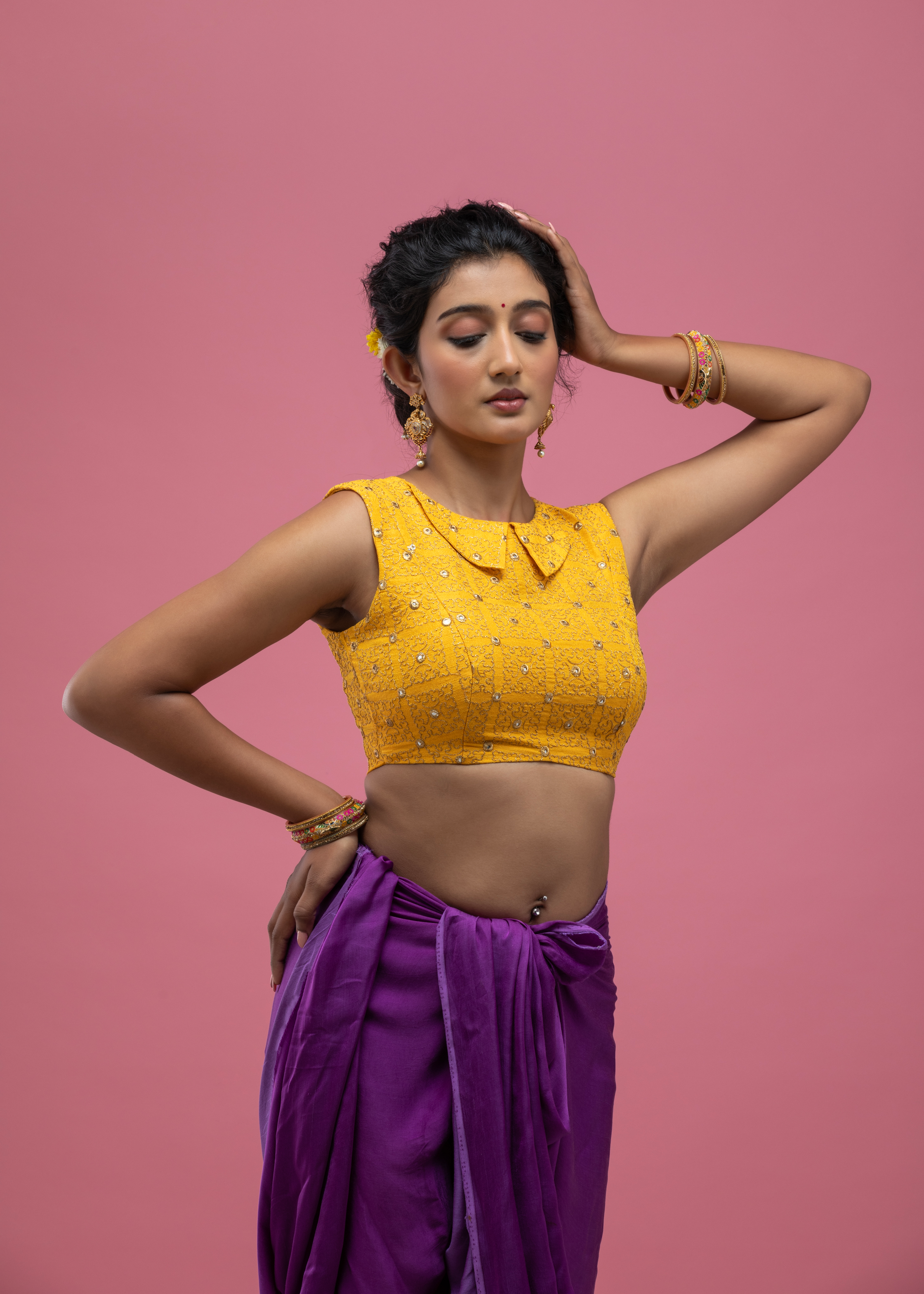 Yellow Sleeveless Saree Blouse with Embellished Texture