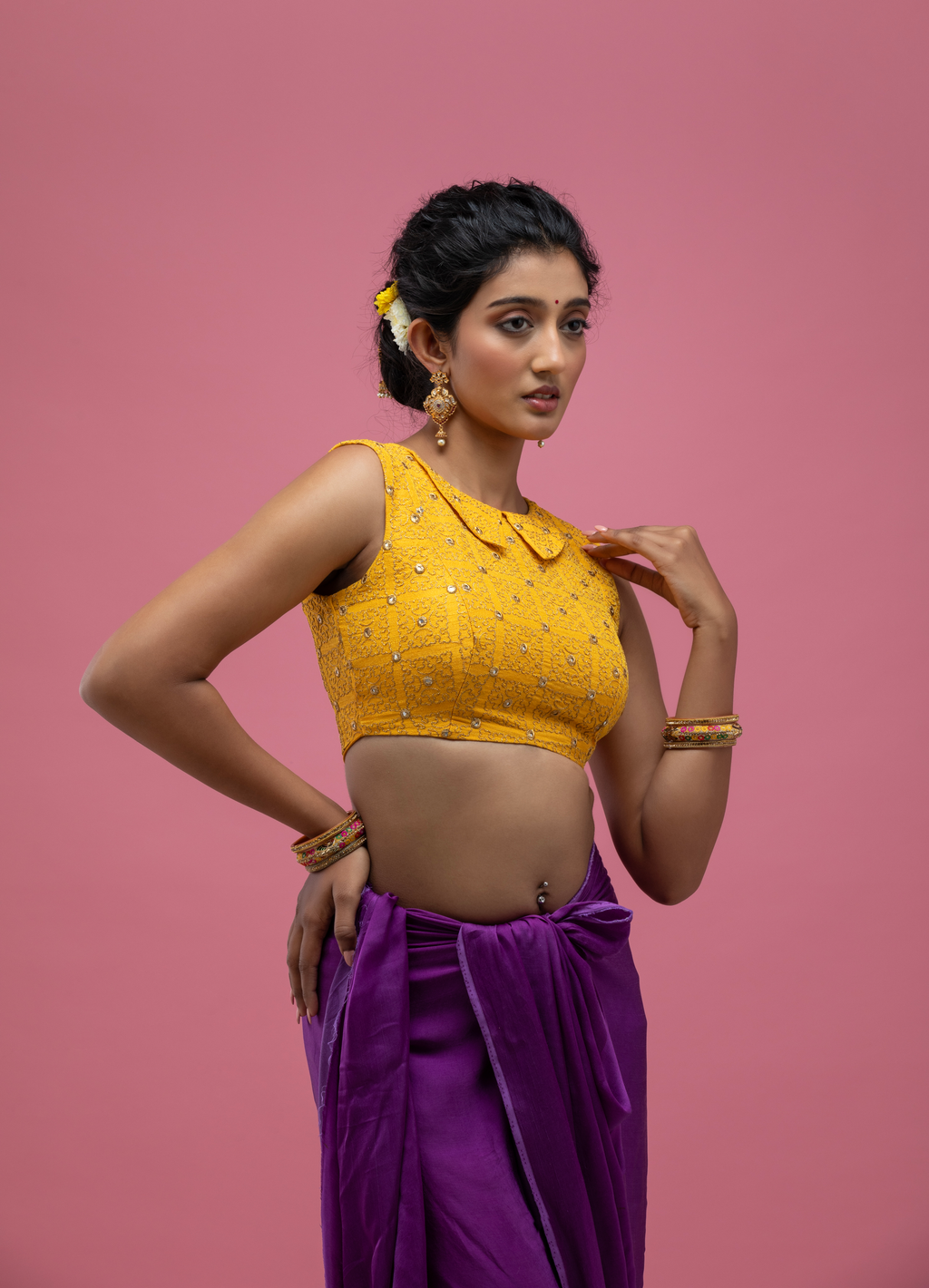 Yellow Sleeveless Saree Blouse with Embellished Texture