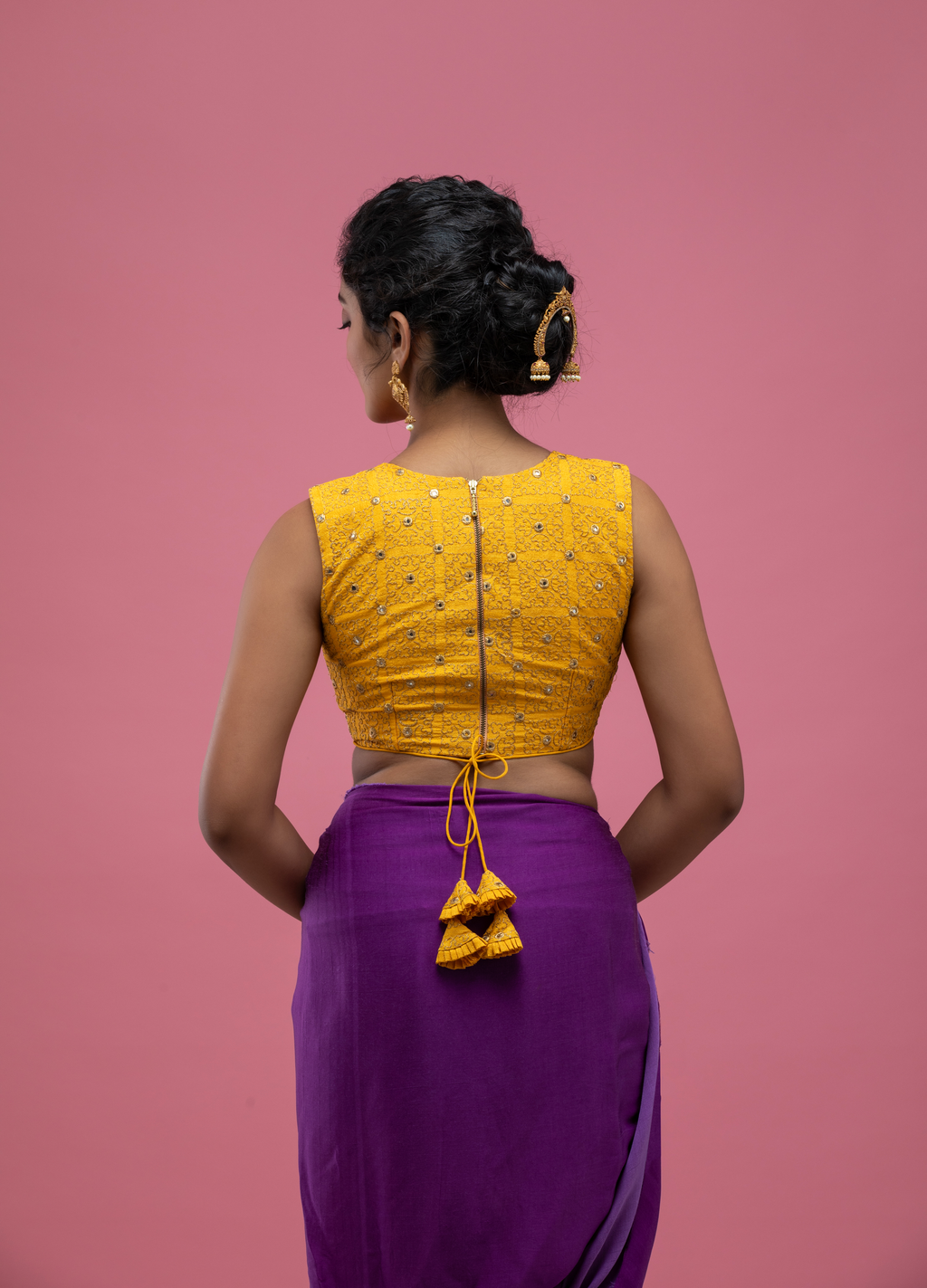 Yellow Sleeveless Saree Blouse with Embellished Texture