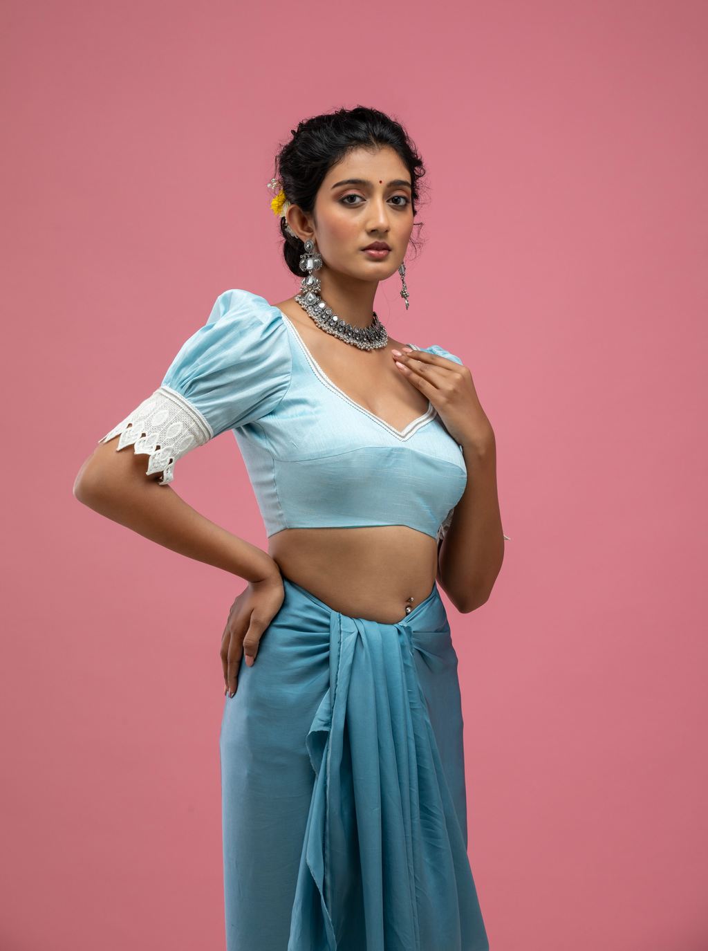 Puff Sleeve Saree Blouse with Deep Back