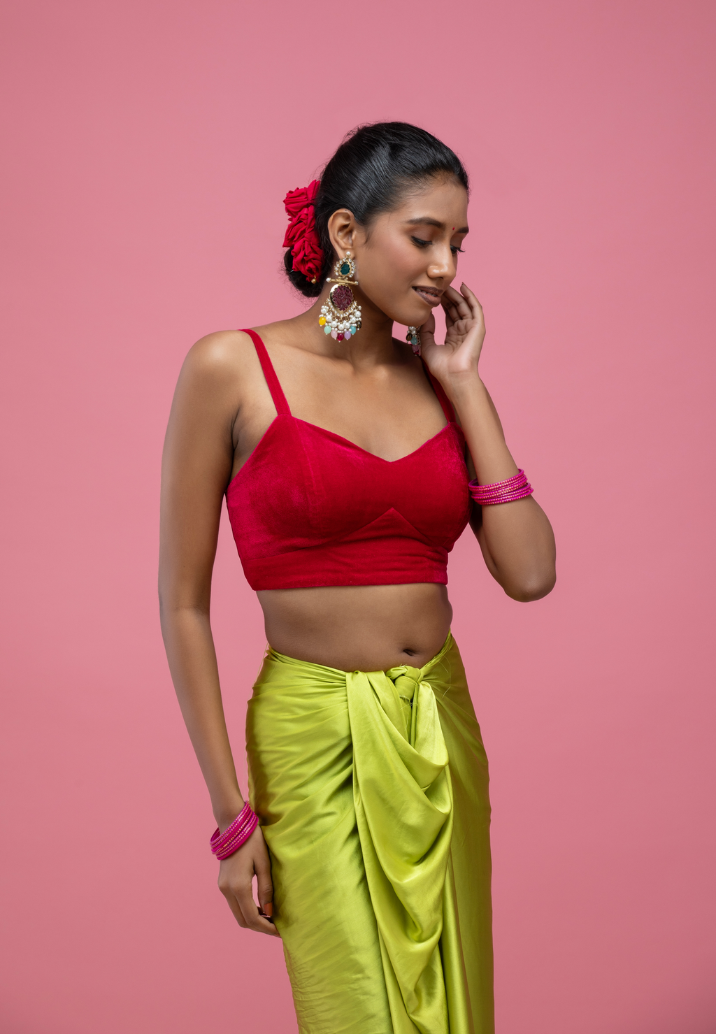 Red Spaghetti-Strap Blouse with Lace-Up Back