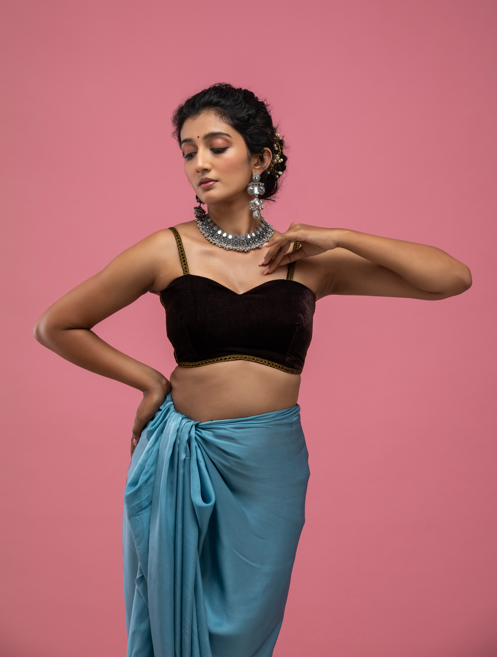 Black Velvet Spaghetti-Strap Blouse with Gold Trim