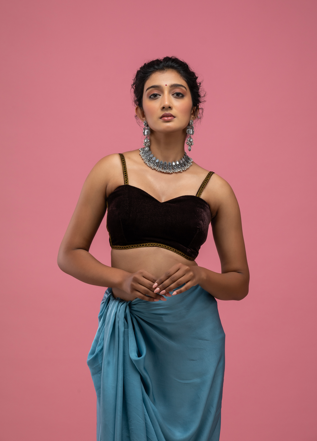 Black Velvet Spaghetti-Strap Blouse with Gold Trim