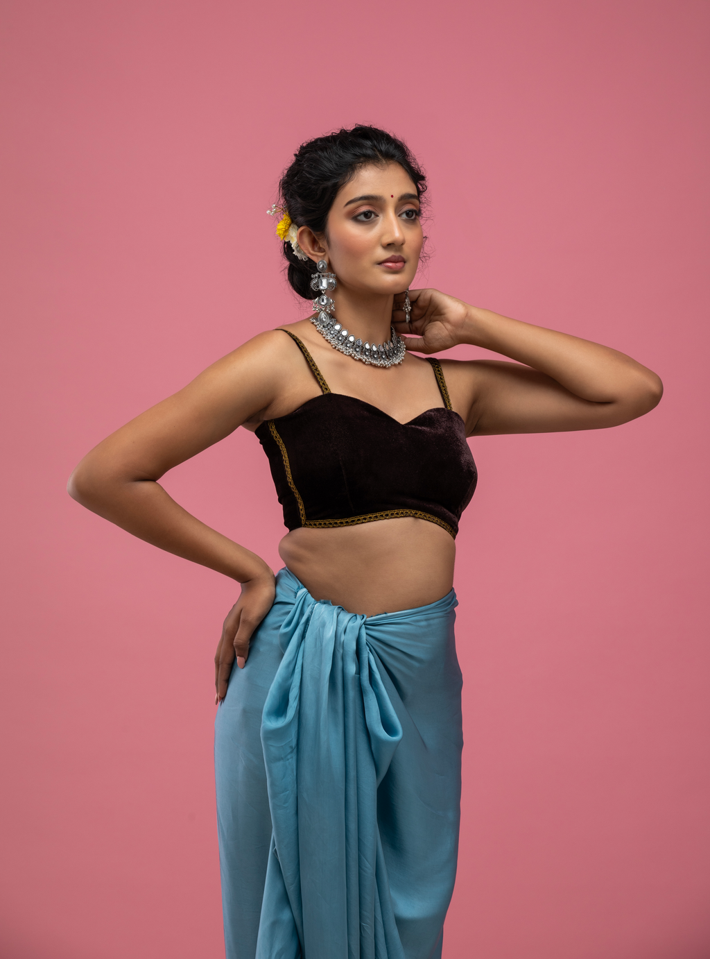 Black Velvet Spaghetti-Strap Blouse with Gold Trim