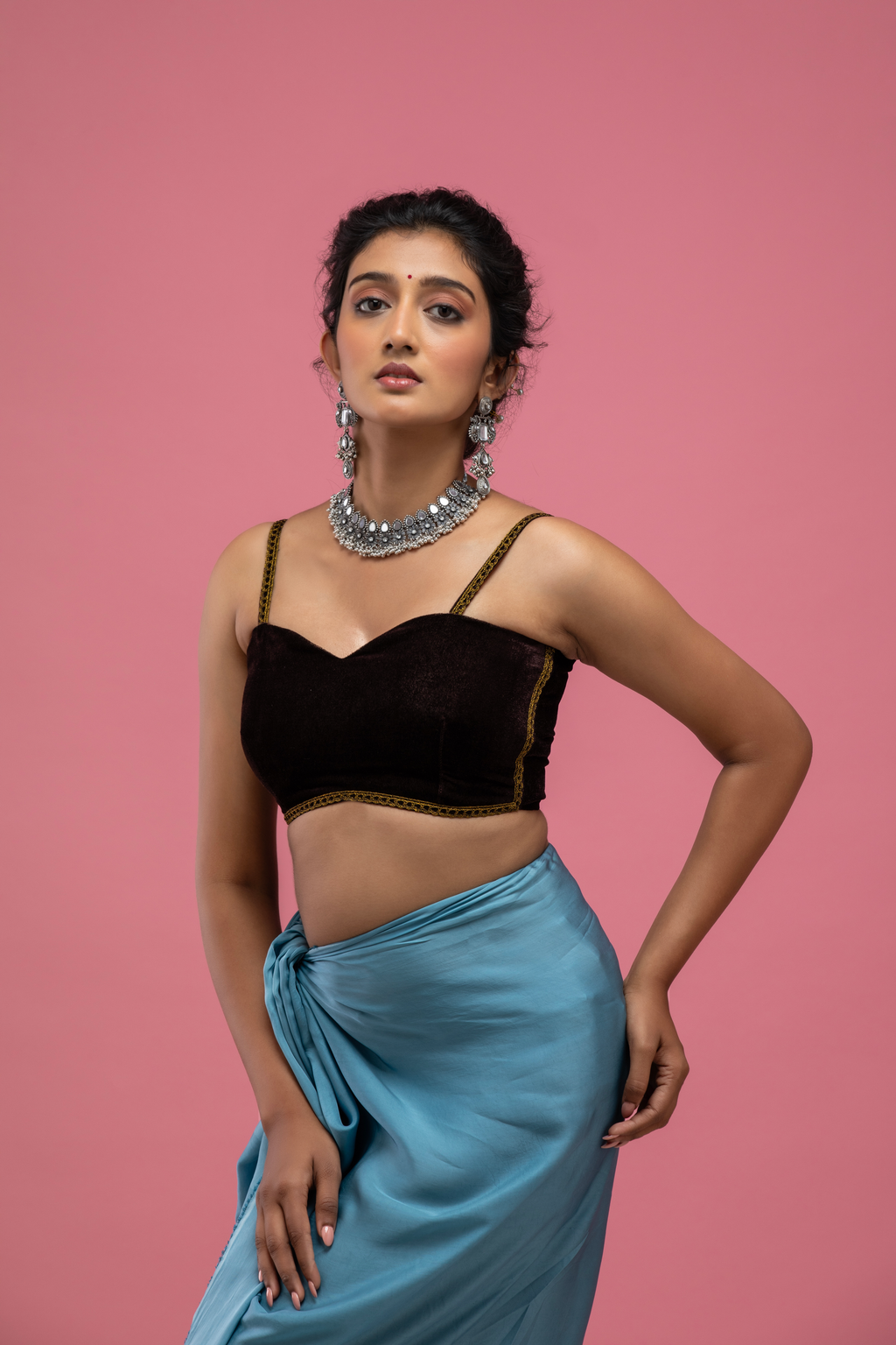 Black Velvet Spaghetti-Strap Blouse with Gold Trim