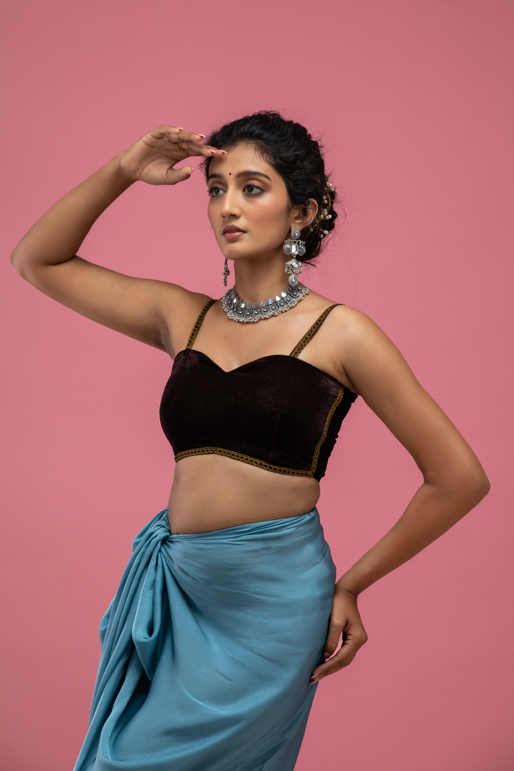 Black Velvet Spaghetti-Strap Blouse with Gold Trim