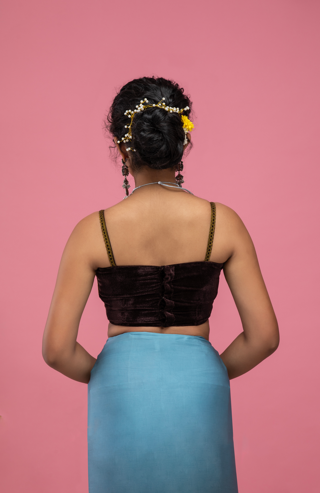 Black Velvet Spaghetti-Strap Blouse with Gold Trim