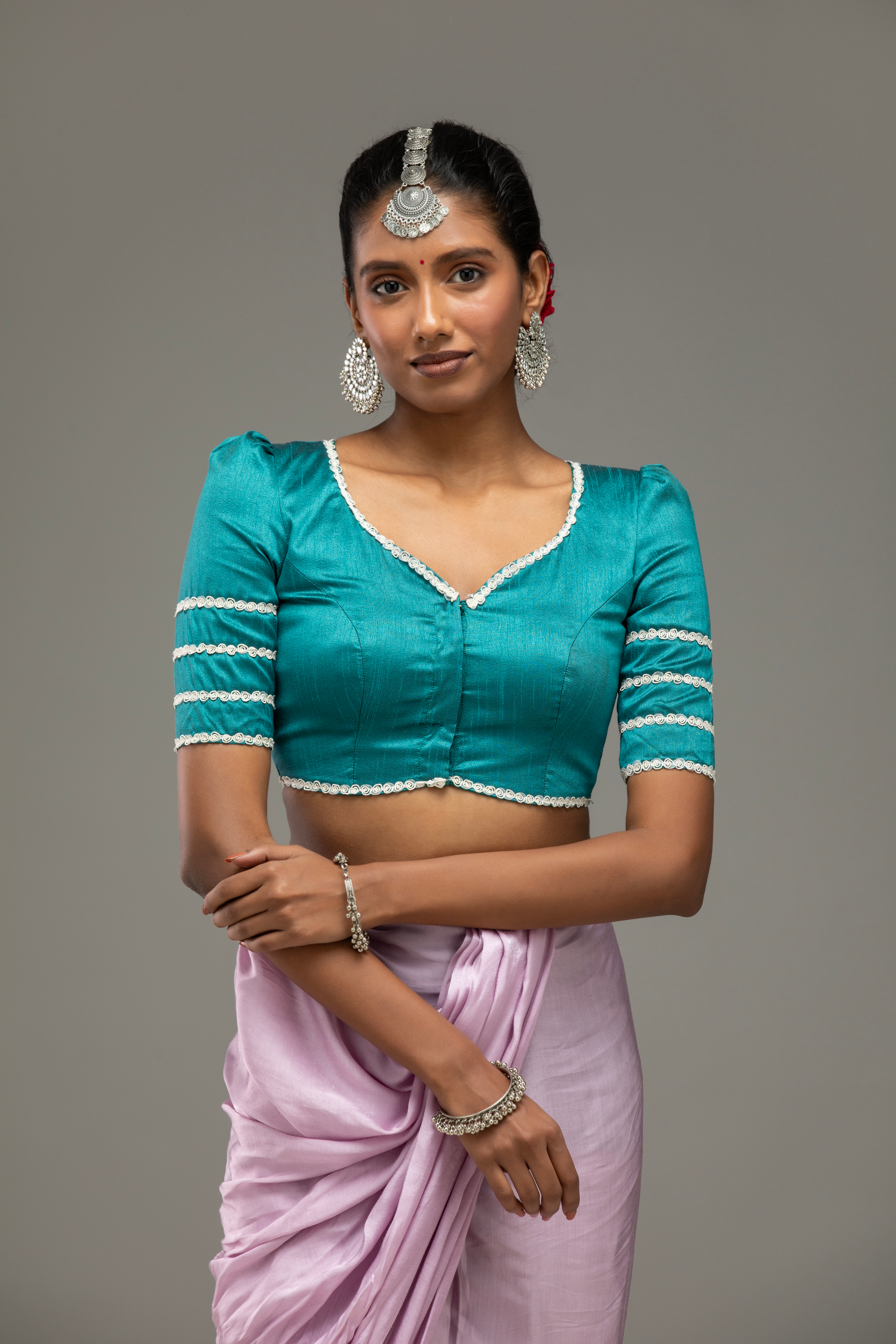 Teal Blouse with Lace-Trim Sleeves