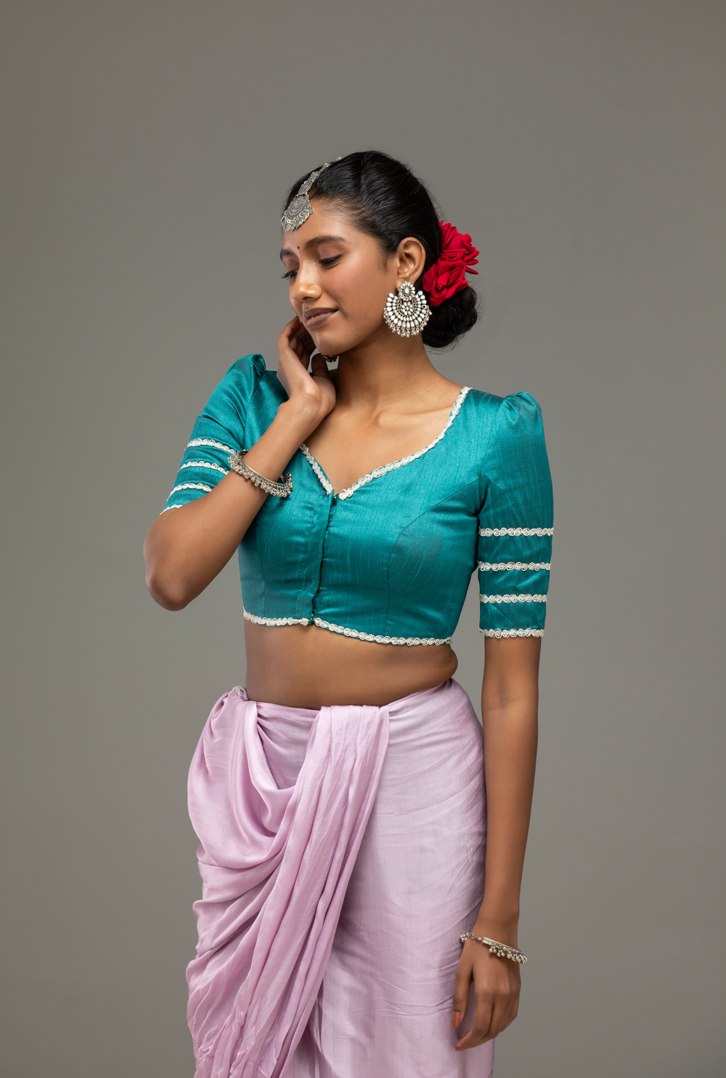 Teal Blouse with Lace-Trim Sleeves