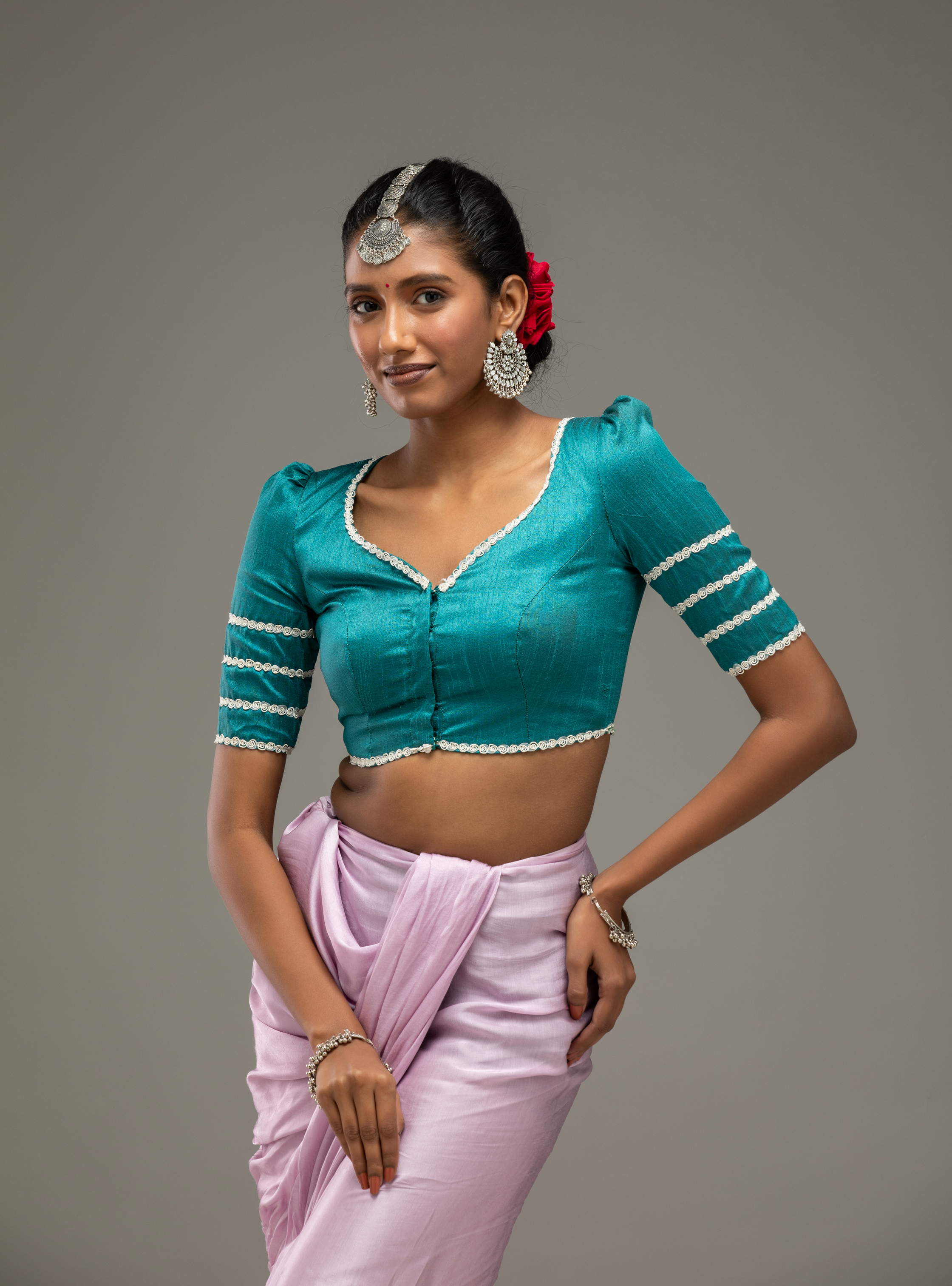 Teal Blouse with Lace-Trim Sleeves