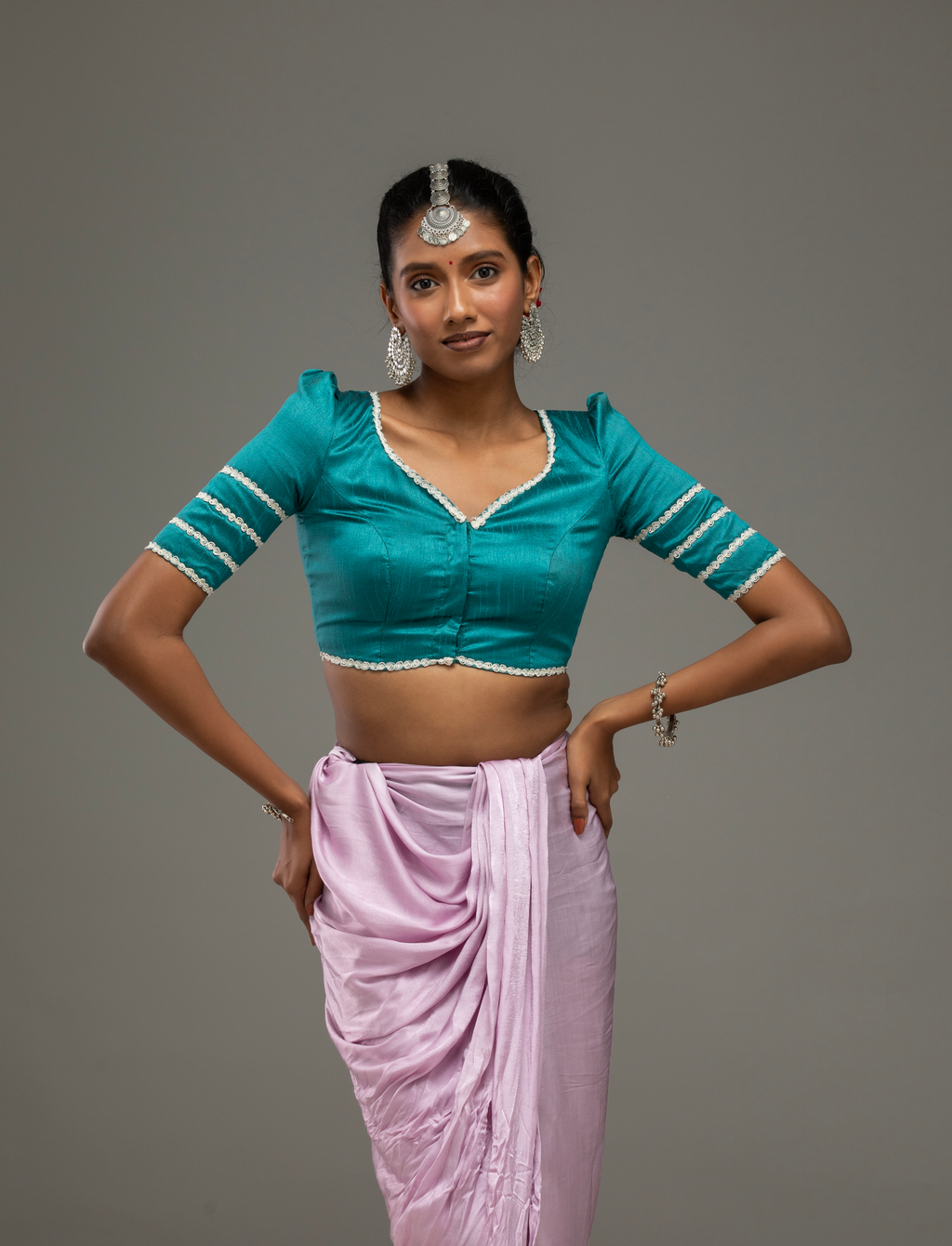 Teal Blouse with Lace-Trim Sleeves