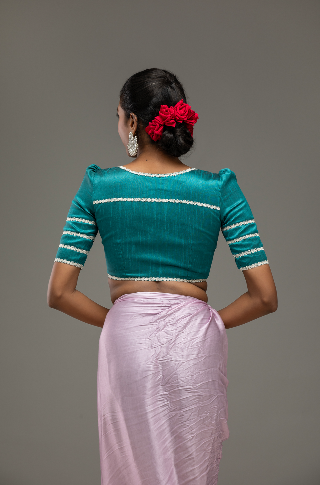 Teal Blouse with Lace-Trim Sleeves