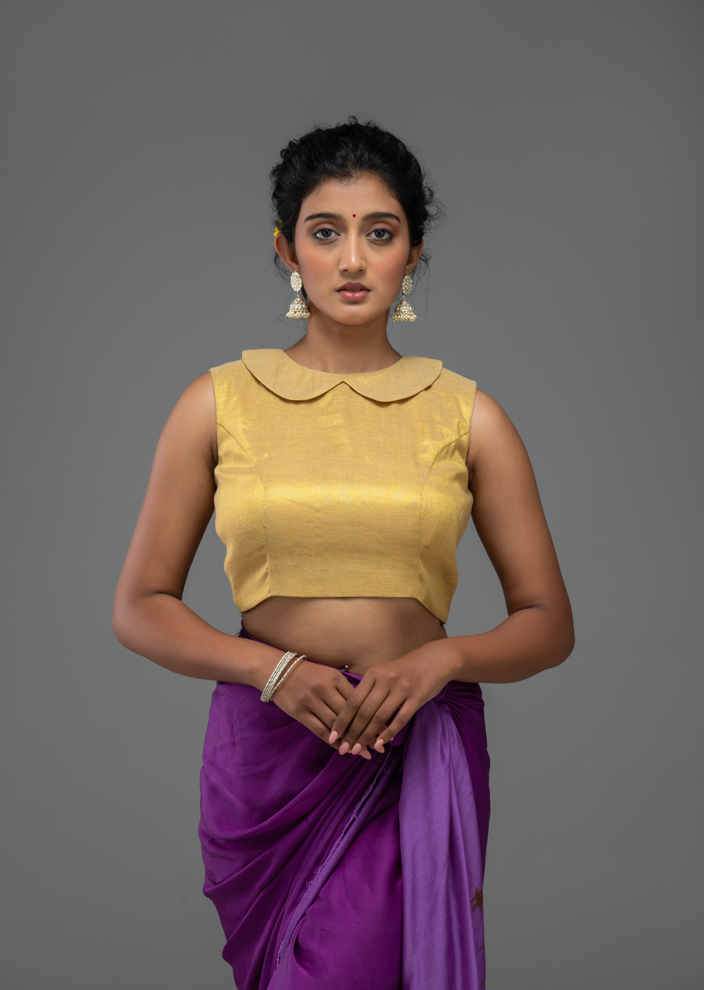 Mustard Sleeveless Blouse with Scalloped Neckline