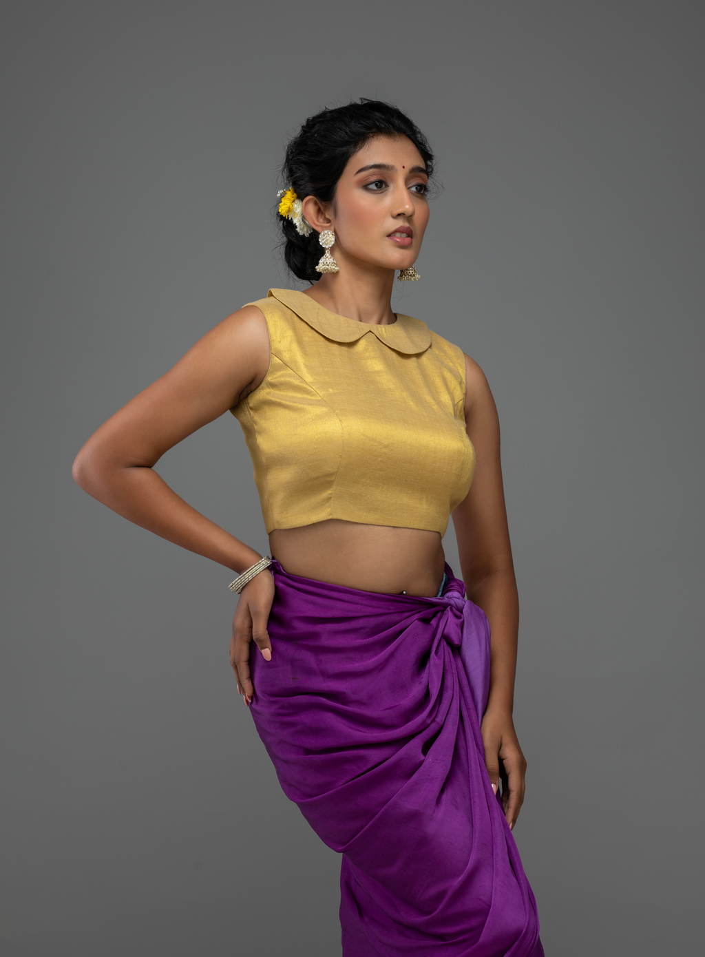 Mustard Sleeveless Blouse with Scalloped Neckline