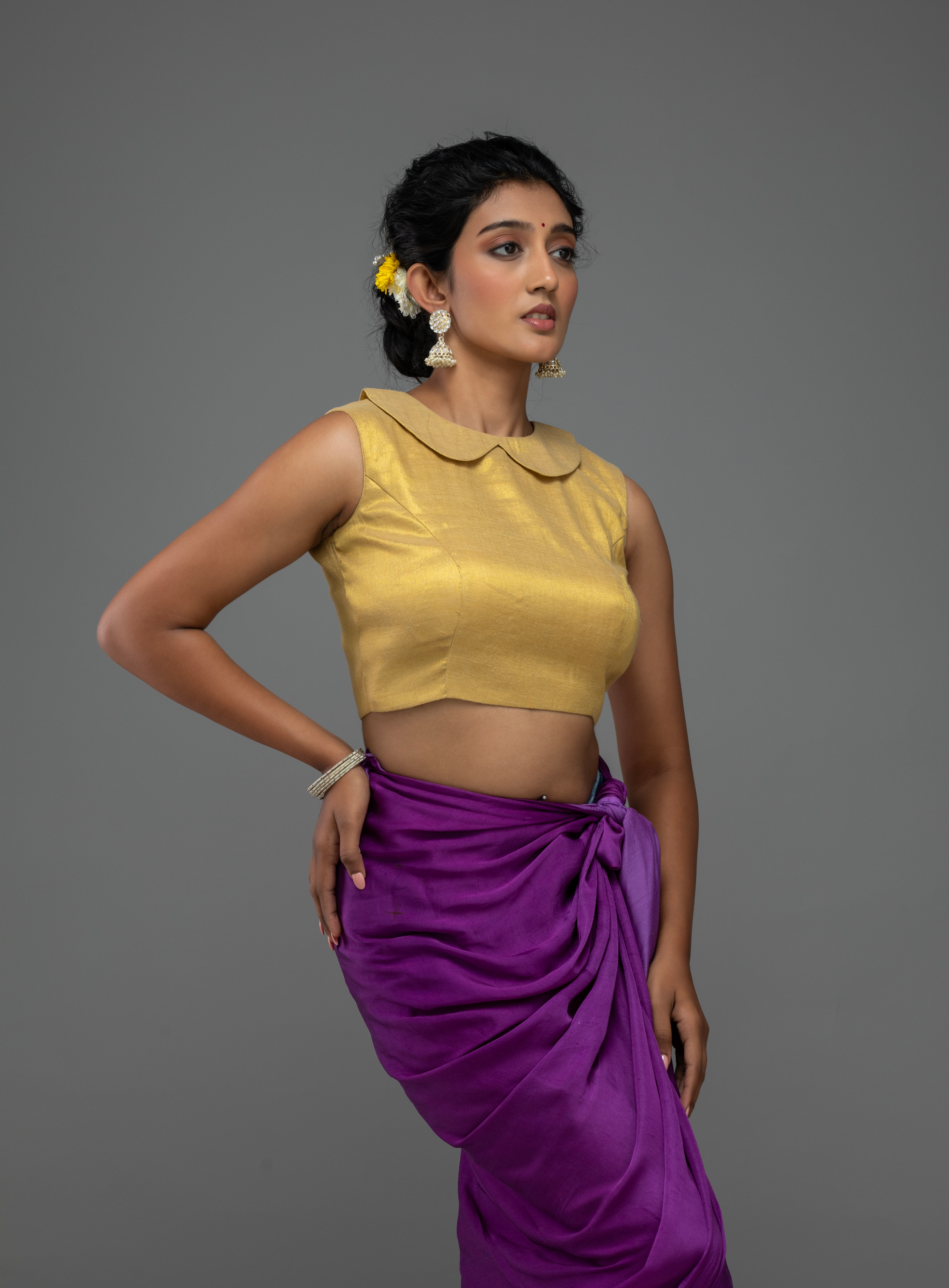 Mustard Sleeveless Blouse with Scalloped Neckline