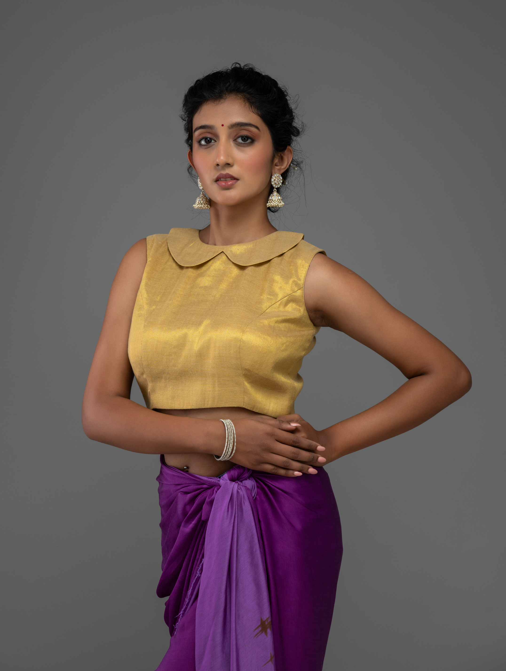 Mustard Sleeveless Blouse with Scalloped Neckline
