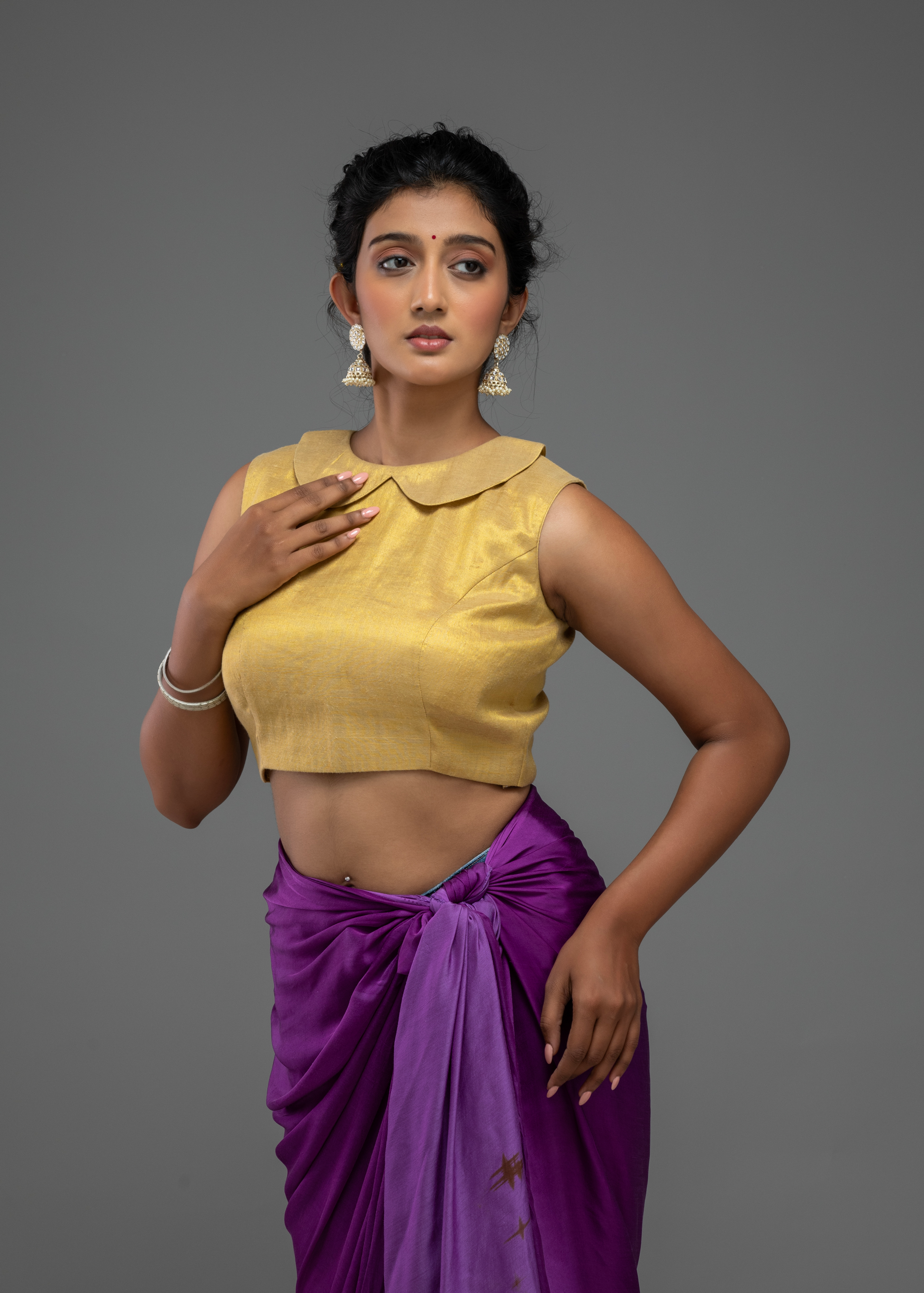 Mustard Sleeveless Blouse with Scalloped Neckline