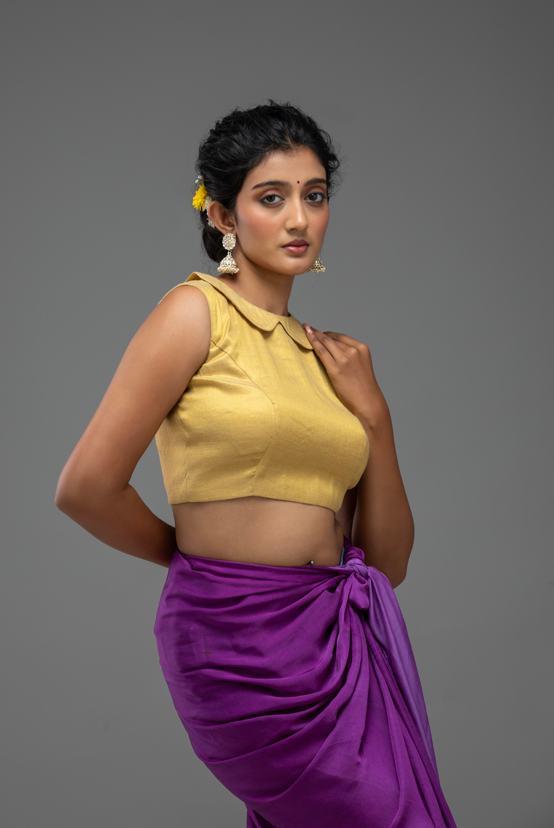 Mustard Sleeveless Blouse with Scalloped Neckline